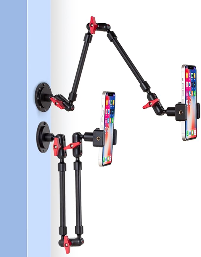 Wall Mounted Phone Holder Magic Arm 360° Rotation Adjustable Metal Base Screw in Wall Sturdy for Kitchen Bedroom Home 22 Inch ABS Phone Clip