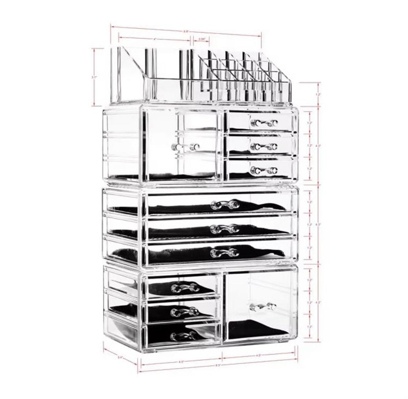 Banvikon Acrylic 4 Pack Makeup Organizer with 11 Drawers, Clear, Stackable Cosmetic Organizer For Lipstick, Jewelry and Makeup Brushes, Beauty Storage With Drawers For Dresser And Bathroom.