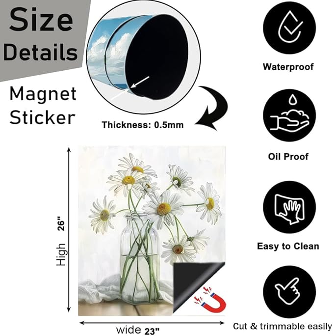 Generic Blooming Daisies Dishwasher Magnet Cover, White Flowers Magnetic Sticker for Fridge Washing Machine Cabinets, Country Floral Dishwasher Door Panel Decal Kitchen Decorative, Reusable, 23Wx26H
