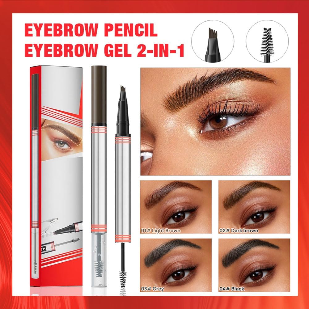 2-in-1 Eyebrow Pencil with Gel, Dual-Ended 3D Microblading Eyebrow Pen with 4 Tip & Eyebrow Brush, Waterproof Long-Lasting Eyebrow Pencil for Women (Brown)