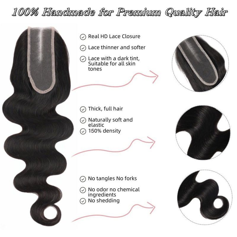 Anvnkl 2x6 HD Lace Closure Body Wave Human Hair Real HD Transparent 18 Inch 100% Brazilian Virgin Middle Part Pre Plucked with Baby Hair Natural Color Kim K 2x6 Closure