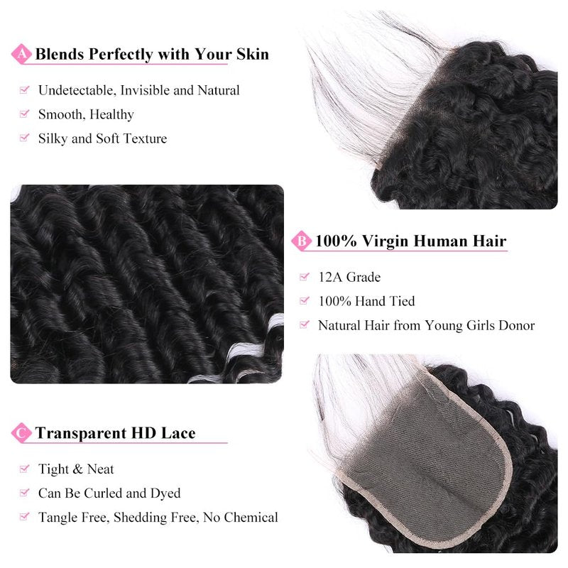 5x5 HD Lace Deep Wave Ultra-thin Transparent Lace Closure 12A Brazilian Virgin Human Hair Closure Free Part Pre Plucked with Baby Hair Natural Black 16 Inch