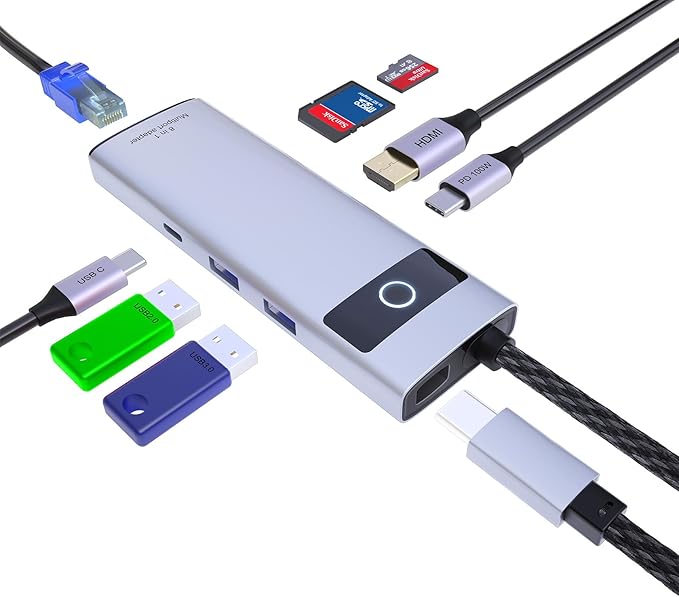 KAGO 8-in-1 USB C Hub Docking Station: 4K HDMI, 100W PD Fast Charging, 100M Ethernet, SD/TF Card Reader, USB 3.0/2.0 Ports - Aluminum Type-C Adapter for MacBook Pro/Air, iPad Pro, iPhone 15/16 Pro Max
