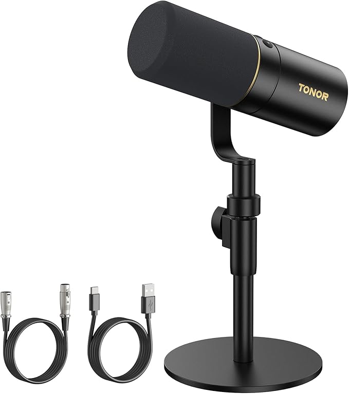 TONOR Dynamic Podcast Microphone, XLR/USB Mic for Recording, Streaming, XLR Cardioid Studio Mic with Quick Mute, 3.5mm Jack, Volume Control, 200 cm/78inch Cable, with Desktop Stand, Black, TD520