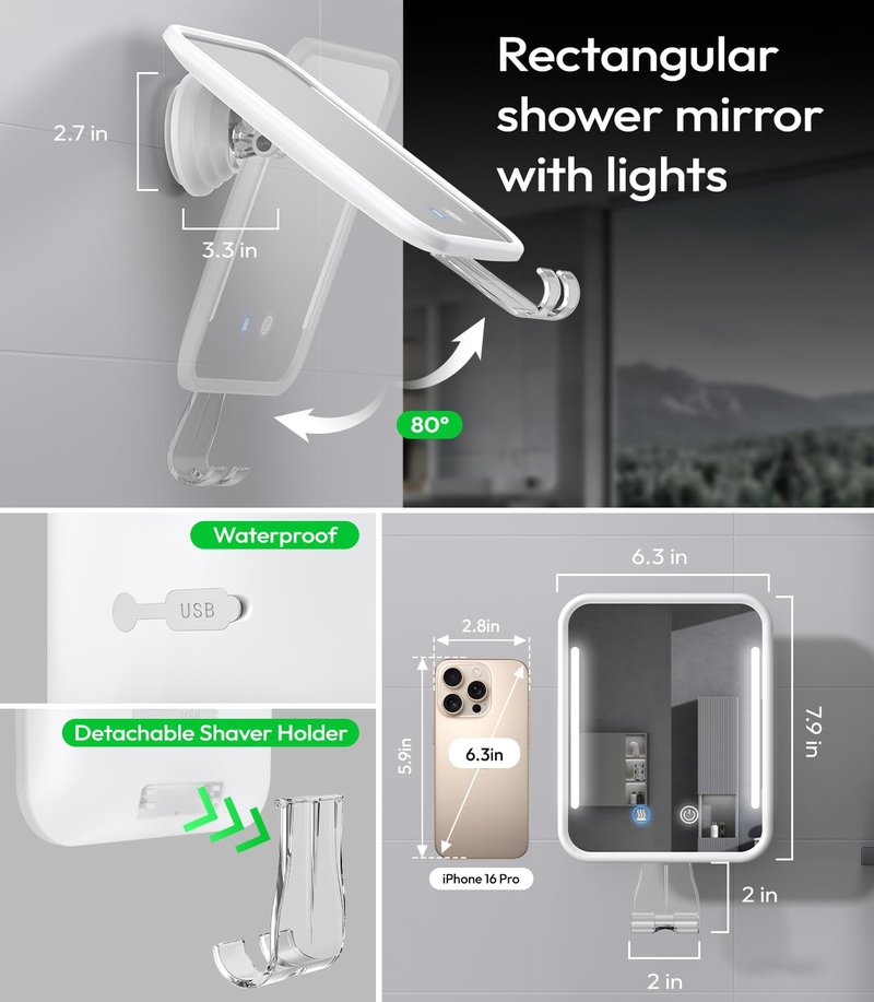 Glowtop Lighted Shower Mirror Fogless for Shaving with Light, 5000mAh Heated Fogless Mirror for Shower, Detachable Razor Holder and Suction Cup for Wall, NO-Drilling, Waterproof for Bathroom (White)