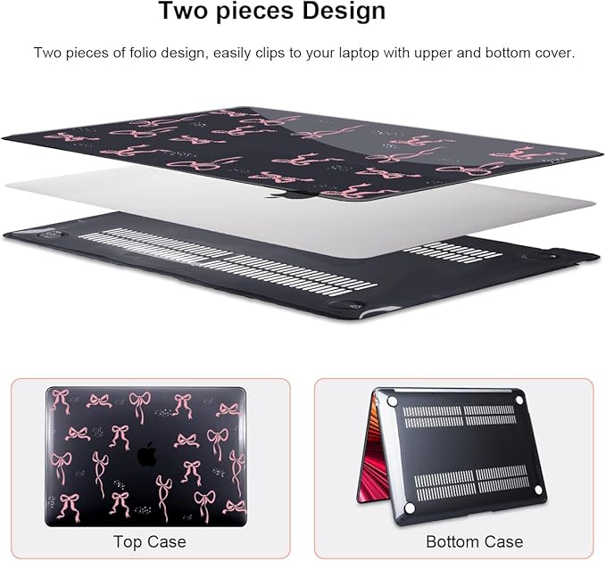 LCMOCICO for 2020 2021 2022 MacBook Pro 13 inch Case M2 M1 A2338 A2289 A2251 with Touch Bar & Touch ID, Printed Pattern Plastic Hard Shell Case Keyboard Cover Screen Protector, Pink Bowknot Black