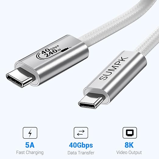 SUMPK 240W USB C Cable 6.6FT 2 Packs, USB4 Cable with 40Gbps High Speed Data Transfer, Single 8K/Dual 4k Display Compatible for Thunderbolt 4/3 Monitor/Hub/Docking Stations, iPhone 16/16 Pro