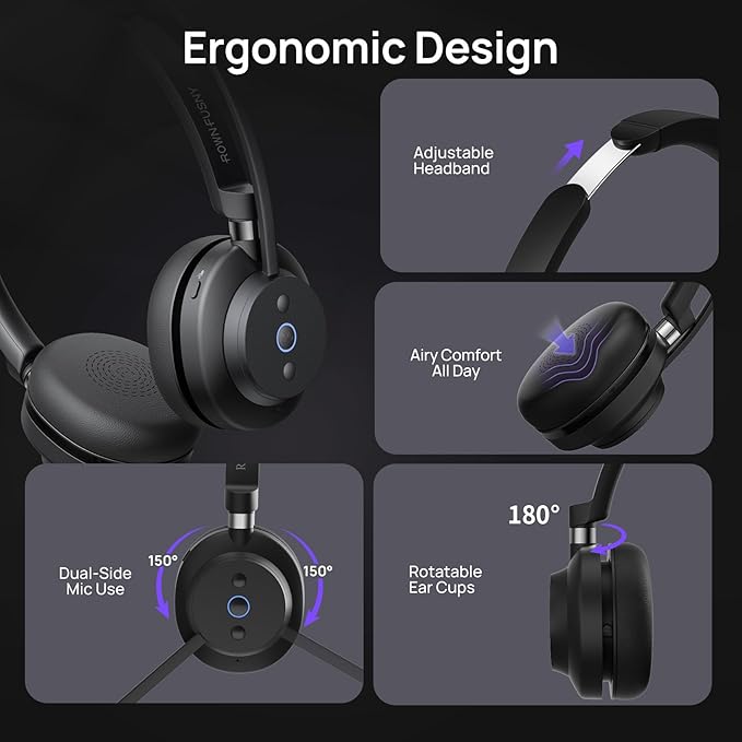 Rownfusny Wireless Headset with Mic for Work, Bluetooth Headphones with Noise Cancelling Microphone & 2.4G USB Dongle, Mute Button for PC, Laptop, Call Center, Home, Office, Zoom, Teams Meeting