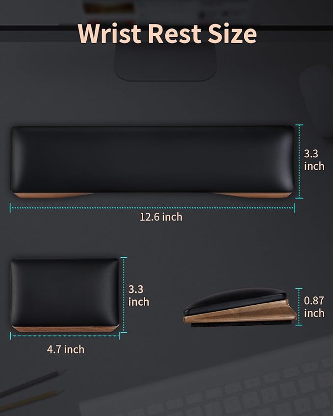 ASFSKY Keyboard and Mouse Wrist Rest Set for 60%-75% Compact Keyboards – Ergonomic Wooden Support Pad with PU Leather & Memory Foam, Anti-Slip Rubber Base for Gaming, Office & Typing Pain Relief