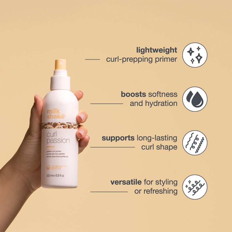 milk_shake Curl Passion Primer | Pre-Styling Curl Primer for All Curl Types | Adds Moisture & Enhances Definition | With Babassu Oil, Praxcai Oil & Milk Proteins, 6.8 fl oz / 200 mL