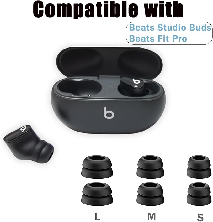 Double Flange Ear Tips for Beats Earbuds, Anti-Slip Universal Replacement Tips for Studio Buds+/Fit Pro/Solo Buds/PowerBeats Pro2, Noise Isolating, 6 Pairs, Black