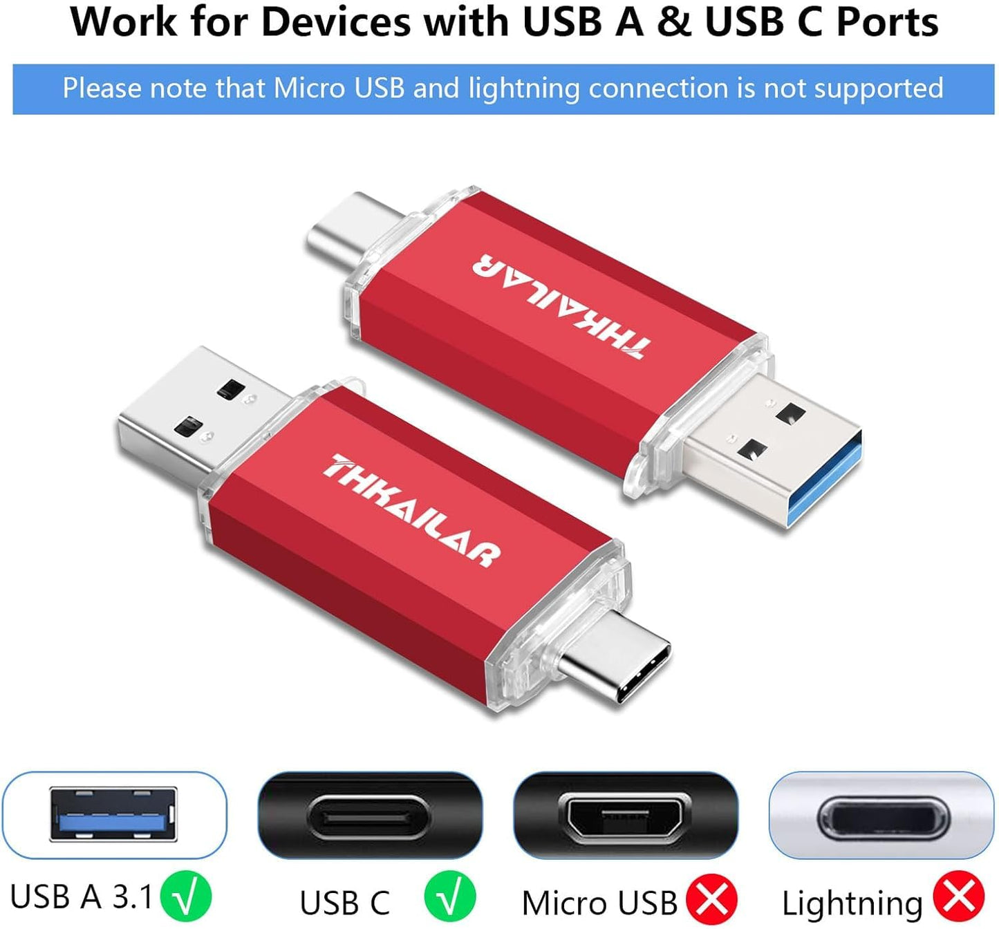 Thkailar 2 Pack USB C Flash Drive 64GB 2 in one OTG USB 3.1 Thumb Drive,Memory Stick for Business Traveler Works,Compatible with Computers,MacBook Pro,Android Phones(Black&Red)