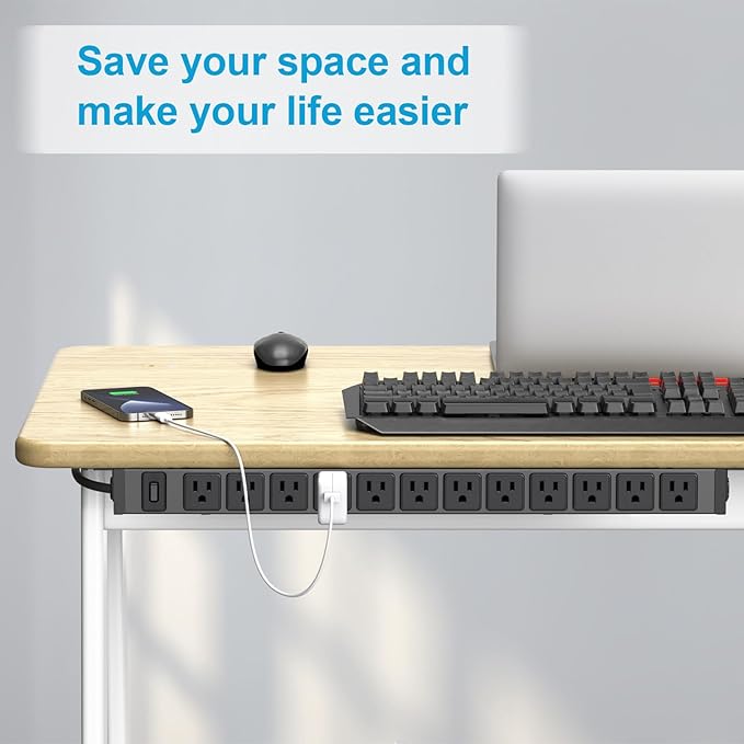 HHSOET 360° Rotating 12 Outlet Mountable Power Strip, Aluminum Alloy Long Power Strip,1200J, Heavy Duty Wall Mount Surge Protector with Switch, 6ft Power Cord.
