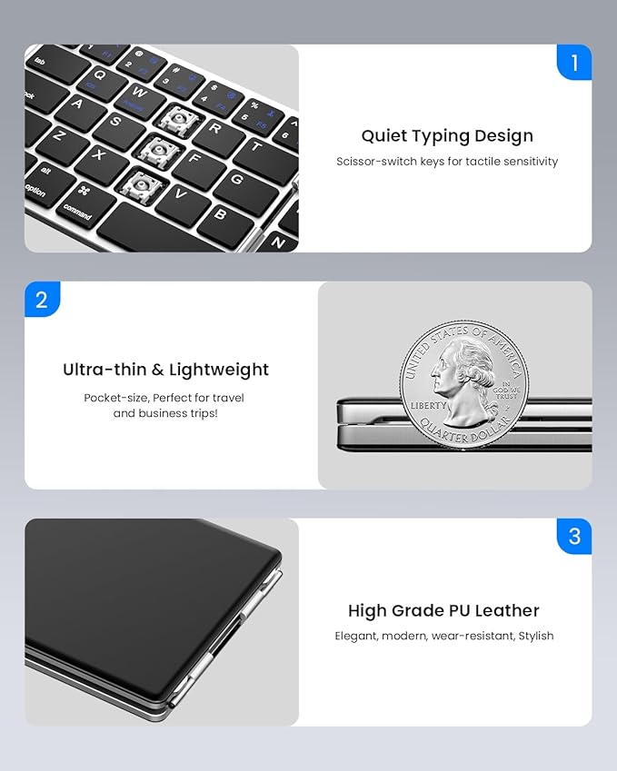 Samsers Foldable Bluetooth Keyboard - Portable Wireless Keyboard with Stand Holder, Rechargeable Full Size Ultra Slim Folding for iOS Android Windows Smartphone Tablet and Laptop, Silver