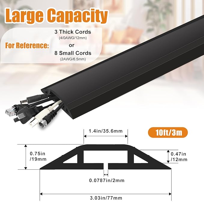 TFMUZERT 10 ft Cord Covers for Wires on Floor, Heavy Duty PVC Duct Floor Cord Cover, Floor Cable Cover Easy to Unroll Prevent Trip Hazard for Home Office or Outdoor Settings (Black)