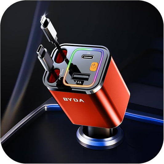 4 in 1 Retractable Car Charger,69W USB-C Fast Car Charger, for iPhone 17/16/15/14/13/12/11, Android,Pixel,Cigarette Lighter Charger (for Apple+Type C &RGB[Orange])