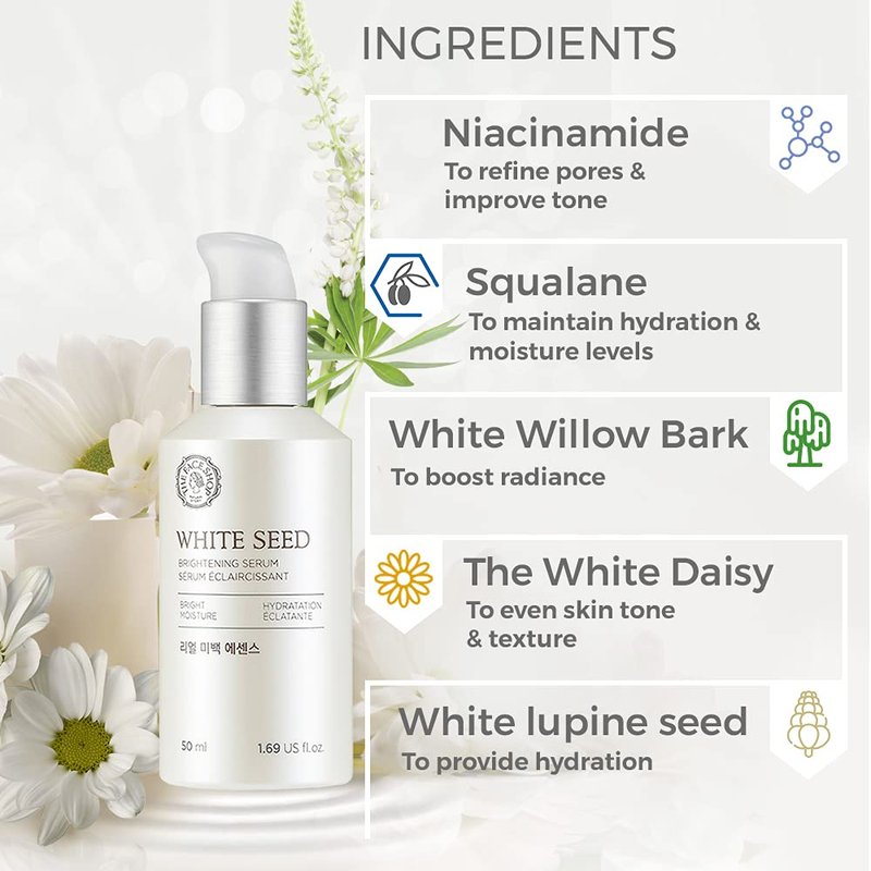 The Face Shop Whiteseed Brightening Serum | Deep Skin Brightening, Boost Moisturization & Pore Minimize | Skin Texture & Clarity Improvement, Dullness Reducing, 1.69 Fl Oz