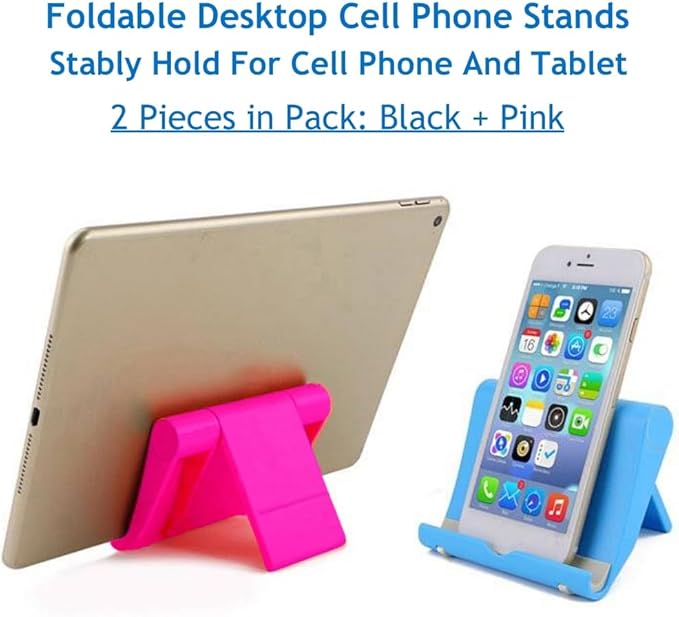 JUSDIQIR Cell Phone Stand for Desk 2 Pack Mobile Phone Holders Desktop Tablet Stand, Foldable Phone Dock Universal Adjustable Tablet Stand for Desk Compatible with Cell Phone Support (Black+Pink)