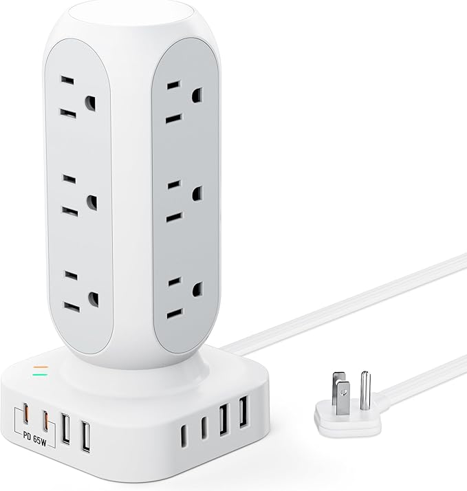 Flat Plug Power Strip Tower, TenTrend 65W Max Charging Tower with 12 AC Outlets & 8 USB Ports (4 USB C), 82W Total Fast Charging Station, 10FT Extension Cord for Desk Office Dorm Room