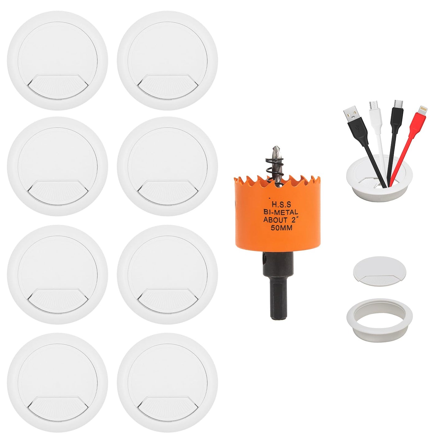 VIKITON Desk Grommet 2 inch with Hole Saw, 8PCS, White
