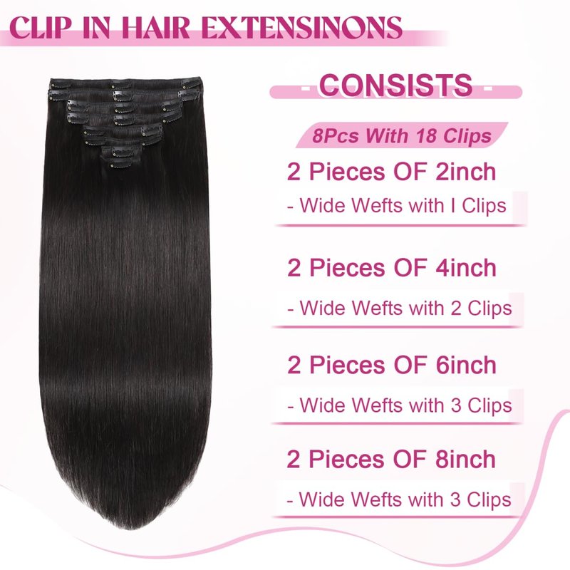 Clip in Hair Extensions Real Human Hair, 20 Inch 105g 100% Remy Human Hair Clip in Extensions for Women, Invisible Straight Seamless Clip ins Hair Extensions 8pcs Double Weft #1B Natural Black