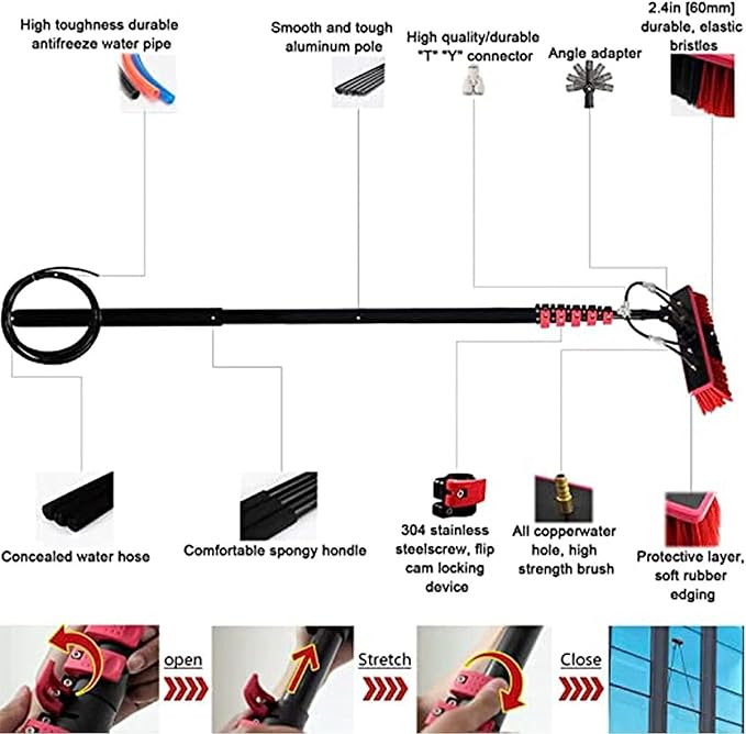 Water Fed Pole Kit,Solar Panel Cleaning Equipment,Window Cleaning Water Fed Poles Roof Cleaning Tools solar panel cleaning brush 35m brush head easy to install Steel buckle fastening,5.4m/18FT