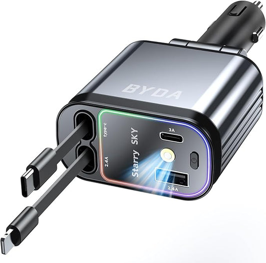 4 in 1 Retractable Car Charger with Starry Light,69W USB-C Fast Car Charger, for iPhone 17/16/15/14/13/12/11, Android,Pixel,Cigarette Lighter Charger (Lightning+USB-C & PurpleLight)