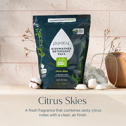 Puracy Dishwasher Pods, Natural Dishwasher Detergent, Free & Clear Dish tabs - Enzyme-Powered, Spot & Residue Free - TikTok Trend Items, Must Haves from TikTok Made Me Buy It (Citrus Skies, 18 Count)