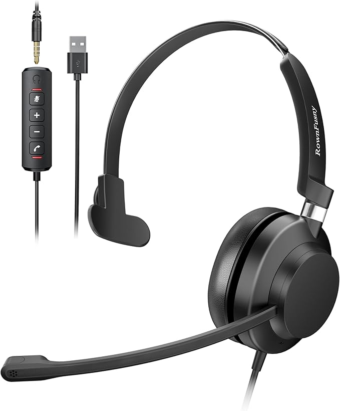 Rownfusny USB Headset with Microphone for PC & Laptop - Noise Reduction On-Ear Wired Headphones with in-Line Volume Control, Call Answer Button for MS Teams, IP Phones, Work, Zoom, Skype