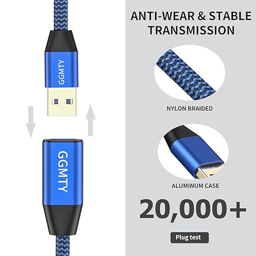 GGMTY USB 3.0 Extension Cable 1.5FT, Type A Male to Female Extender Cord, 5Gbps High Speed Data Transfer with 24/28 AWG Copper, Blue-Black Braided Short Sync Wire for Laptop, Flash Drive, PC, Car