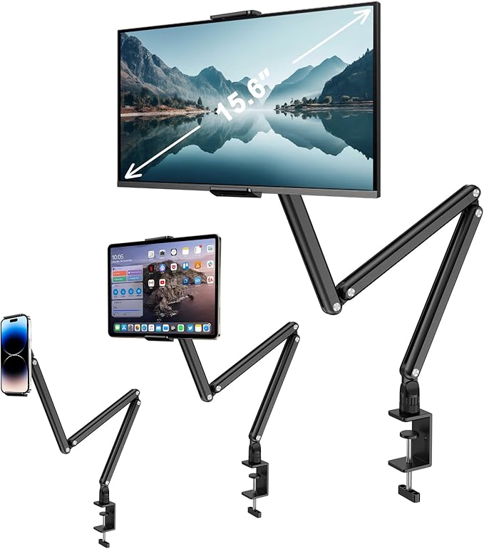 Yumecamp Triple Arm Tablet Stand, Heavy Duty Aluminum iPad Holder with Desk Clamp, 360° Rotating Mount for 4.7-15.6" iPad/iPhone/Portable Monitors – Sturdy No-Shake Design for Kitchen,Work