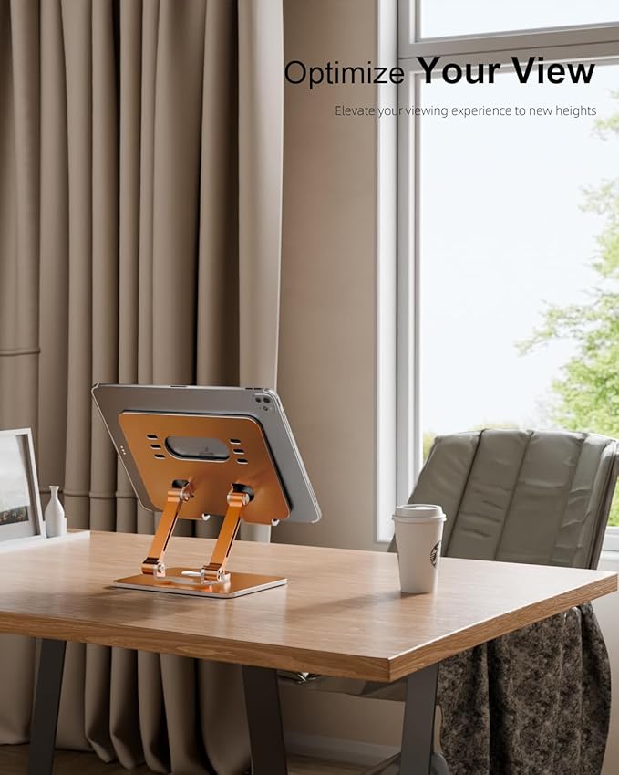 Orlian Tablet Stand Holder with Thickened 360°Rotating Base Dual Rod Adjustable Aluminum Stand for All 5.8-12.9” iPad Samsung Phone Tablet Kindle E-Reader and More, Gold