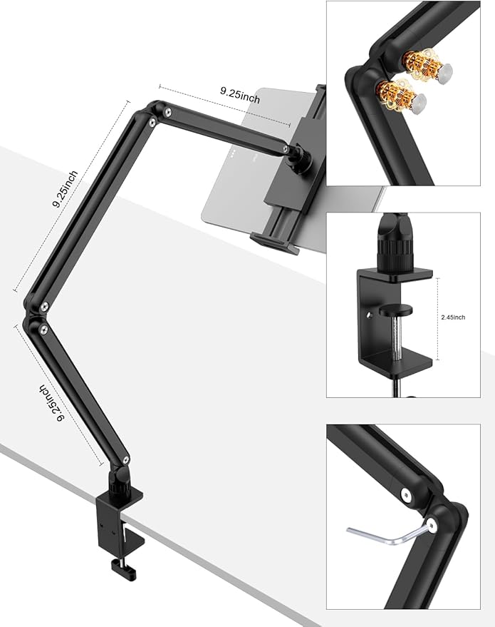 Yumecamp Triple Arm Tablet Stand, Heavy Duty Aluminum iPad Holder with Desk Clamp, 360° Rotating Mount for 4.7-15.6" iPad/iPhone/Portable Monitors – Sturdy No-Shake Design for Kitchen,Work