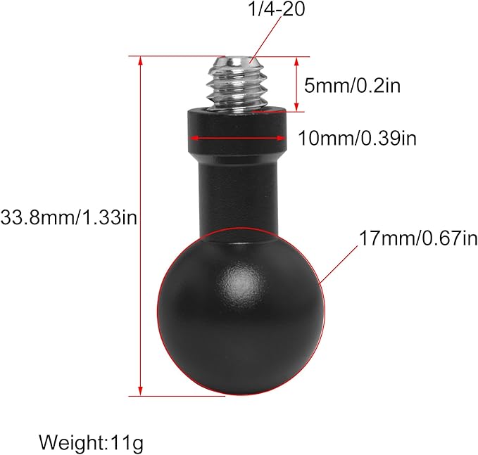 LUORNG 2PCS 17mm Ball Head to 1/4 Stainless Steel Short Screw Connection Rod Car Mobile Phone Navigation Mount Motorcycle Rearview Mirror Accessories Camera Camera Connection Accessories