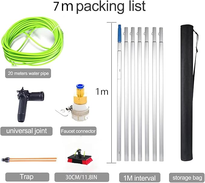 7m/23ft Water Fed Telescopic Window Cleaning Pole Extendable Cleaning Brush, Hose Fed Extendable Extended Window Cleaner Brush Tool Kitï¼50cm Brush 7m Poleï¼