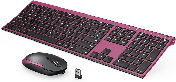Rechargeable Compact Quiet Full-Size Keyboard and Mouse Combo with Nano USB Receiver for Windows, Laptop, PC, Notebook-Black and Red