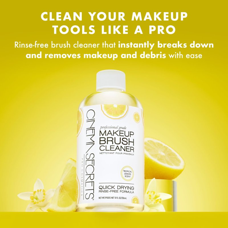 Cinema Secrets Original Makeup Brush Cleaner Solution - Professional Cleanser for Makeup Brushes - Quick-Drying, Rinse-Free Formula - Removes Stubborn Waterproof Make Up - Lemon (4 fl oz)