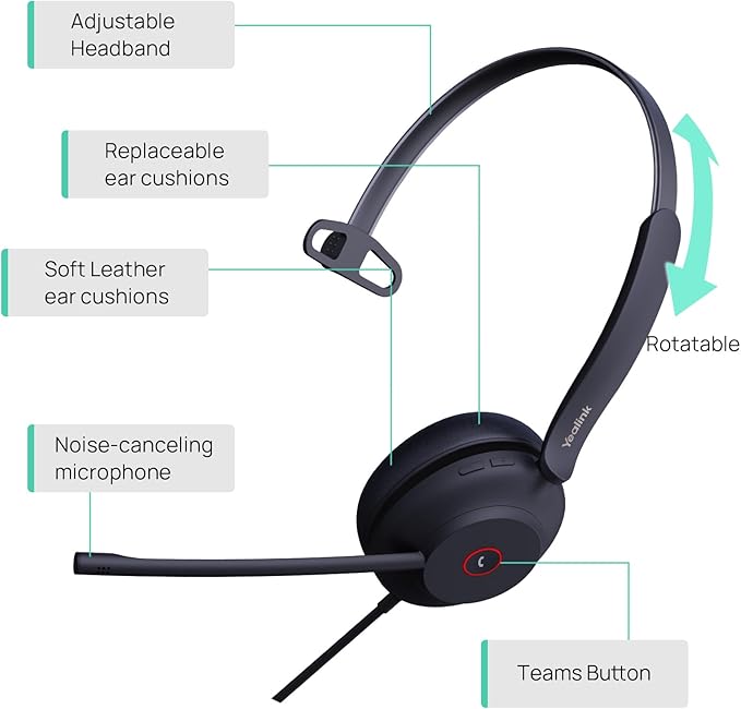 Yealink UH37 Professional USB Headset with Microphone for PC Laptop Noise Cancelling & Volume Control VoIP Skype Online Conference(USB-C/A)