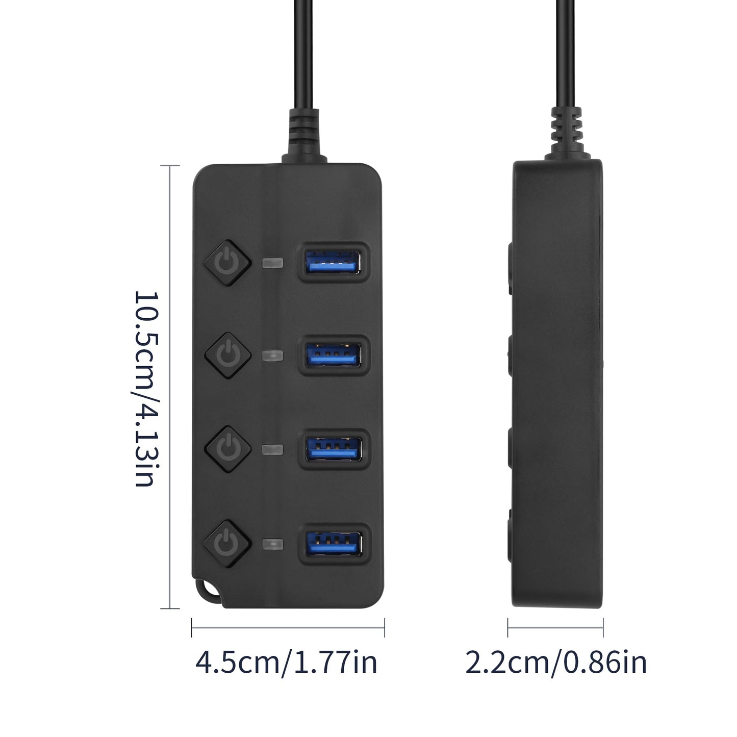 90 Degree USB Hub Splitter YACSEJAO USB 2.0 Data Hub with Individual LED Button On/Off Switch DC5.5 * 2.1 Power Port for Laptop,PC Computer (4 Ports, 0.3M)
