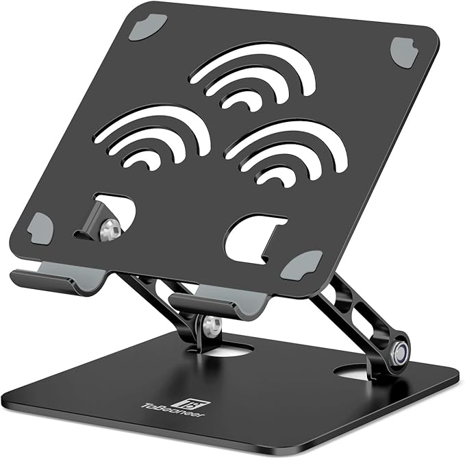 ToBeoneer Adjustable Tablet Stand for Desk, Premium Aluminum Holder for iPads, Tablets, Kindles, Switch, Phones, and All Devices up to 14 Inches. Portable and Foldable Black, Plus Size