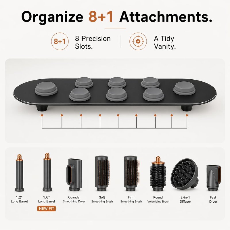 Lasvea Holder for Dyson Airwrap Attachments| 8 Holes Metal Storage Rack with Protective Silicone Pad | Countertop Organizer for Dyson Diffuser Accessories & Curling Iron with Self-Adhesive Hook, Black