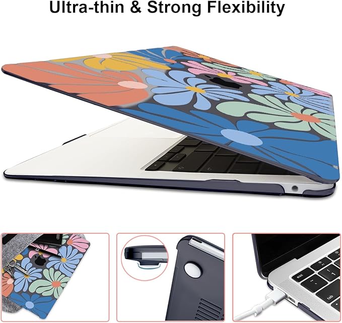 LCMOCICO Compatible with 2021 2020 2019 2018 MacBook Air 13 inch Case M1 A2337 A2179 A1932 Touch ID, Crystal Printed Pattern Plastic Hard Shell Case for Mac Air 13 M1 2021, Colorful Flowers Black
