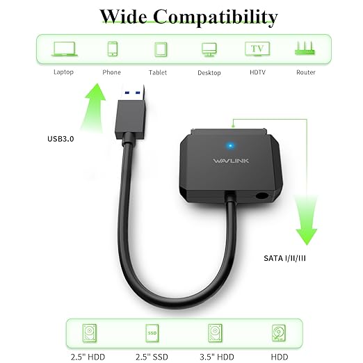 WAVLINK SATA to USB Type-A Hard Drive Cable, 5Gbps USB3.0 to Sata Cable Support UASP, External Hard Drive SATAI/II/III Connector 2.5" SSD/HDD and 3.5" HDD up to 20TB, Power Adapter Included