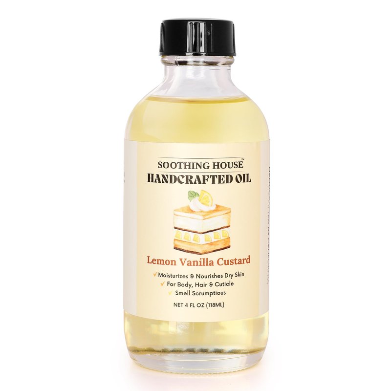 Soothing House Lemon Vanilla Custard Oil with All-Natural Moisturizing Body Oil for Soft, Glowing Skin with Almond & Jojoba Oil (4 fl oz)