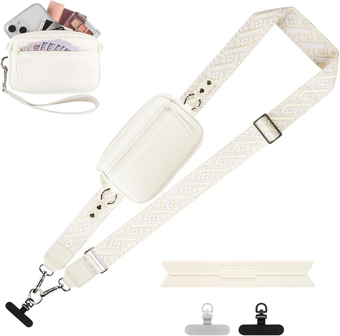 YFWE Clip and Go Strap for Phone with Wallet Crossbody, Adjustable Phone Lanyard with Detachable RFID Wristlet Wallet, Pattern Strap, Cream (M)