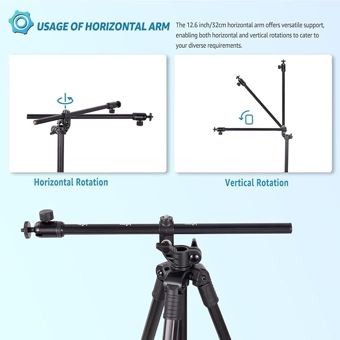 Phone Tripod, Arsoer 67" Adjustable Height Tripod with Horizontal Column and Removable Clip Mount for Overhead Shot, 360° Rotation Stand with Wireless Remote/Carry Bag