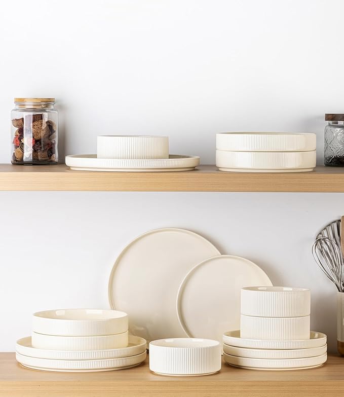 TheTerra Ceramic Dinnerware Sets with Pasta Bowls for 4, 16 Pieces Porcelain Lightweight Speckled Plates and Bowls Sets, Scratch Resistant Dish Set, Oven & Microwave & Dishwasher Safe, Beige