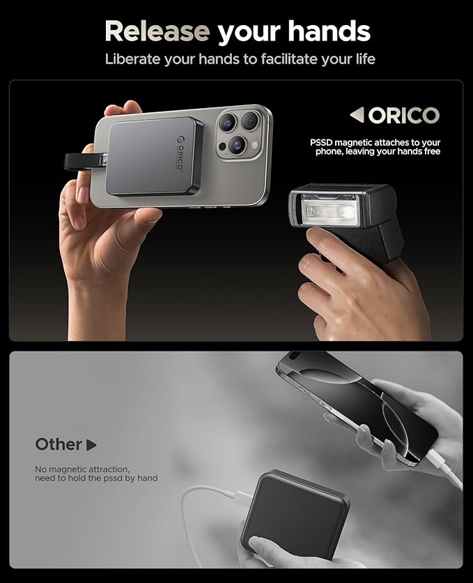 ORICO 2TB Magnetic Portable SSD, Aluminum Alloy, 4K 120 fps ProRes HDR Record and Store, Up to 2000MB/s, External Solid State Drive, Compatible with iPhone 16 Pro Max, Tablet, Computer - K20