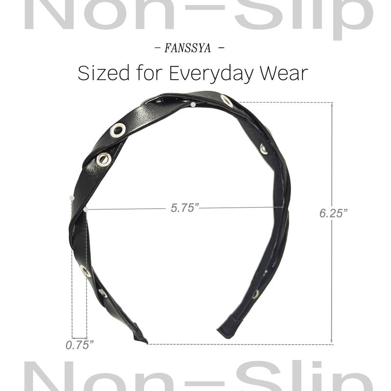 FANSSYA 3-Piece Black Punk Headband Set for Women | Braided Faux Leather, Studded & Denim Knotted Hairbands | Y2K Gothic Grunge Hair Accessories Collection