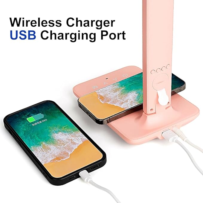wanjiaone Multifunctional LED Desk Lamp with Wireless Charger,USB Charging Port,Clock,Phone Holder,Desk Lamps for Home Office,Eye-Caring Reading Lamp,Study Lamp for Boys,Girls,Teens,Pink